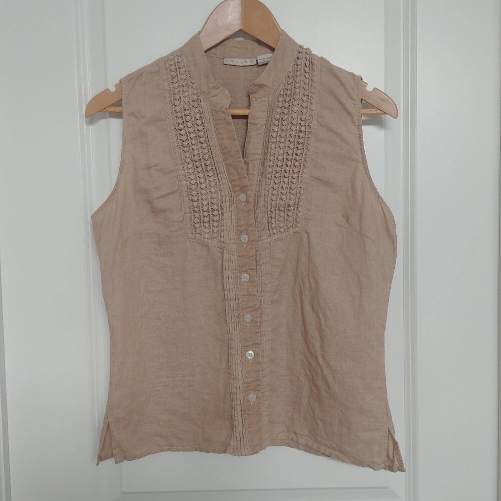 Tweeds linen cotton natural tea-dyed sleeveless button blouse tan Medium